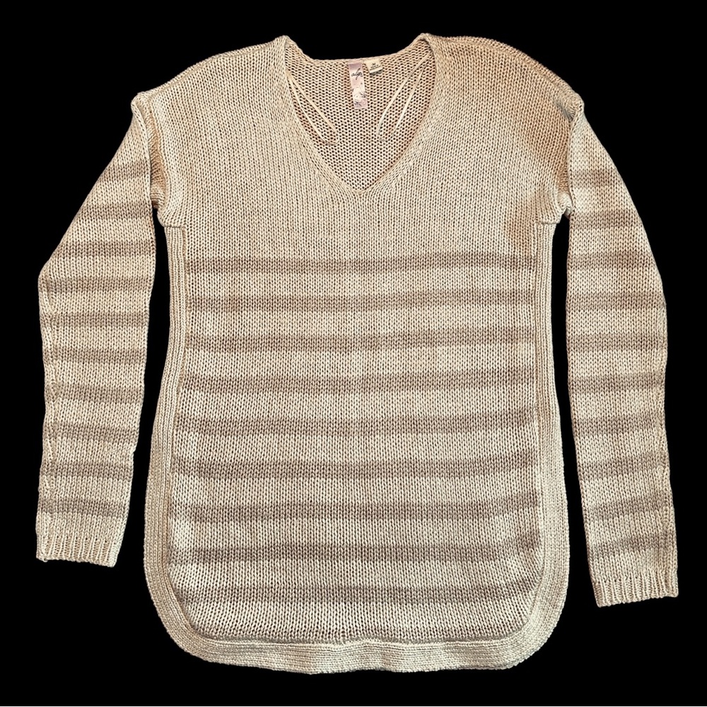 Francesca's Alya Tan Striped Long Sleeve V Neck Career Casual Sweater Medium